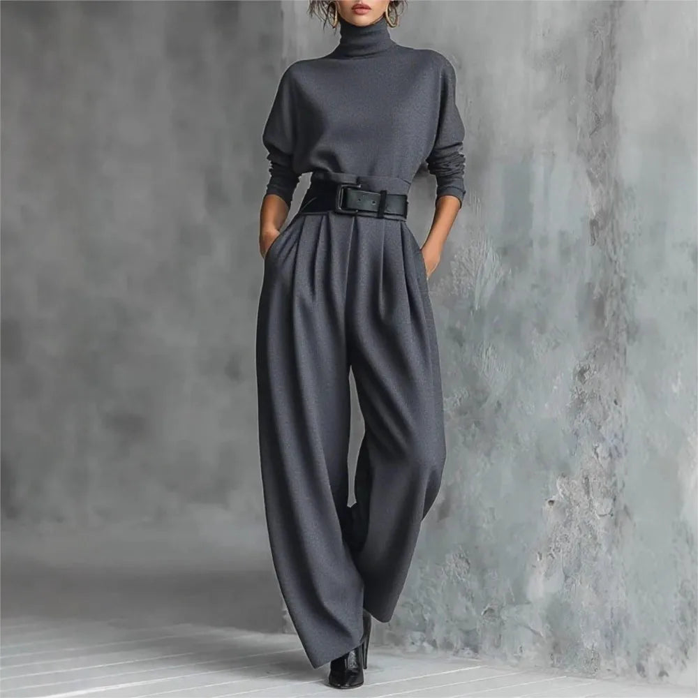 Spring Autumn New High Collar Long Sleeves High Waist With Belt Trousers Casual Fashion Suit For Women Conjuntos De Pantalones