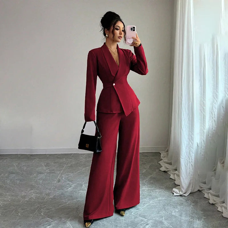 Temperament Fashion Slim Pants Sets Women Solid Color Bodycon Blazer Coat Straight Trousers Two Piece Set Commuting Clothing