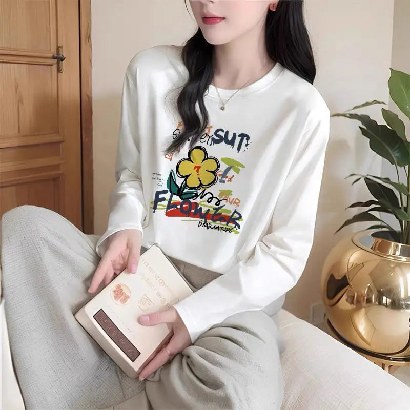 Women's Clothing Chic Hand-Painted Floral Print T-shirts Autumn Casual Loose Pure Cotton Long Sleeve Top Tee Oversized Pullovers