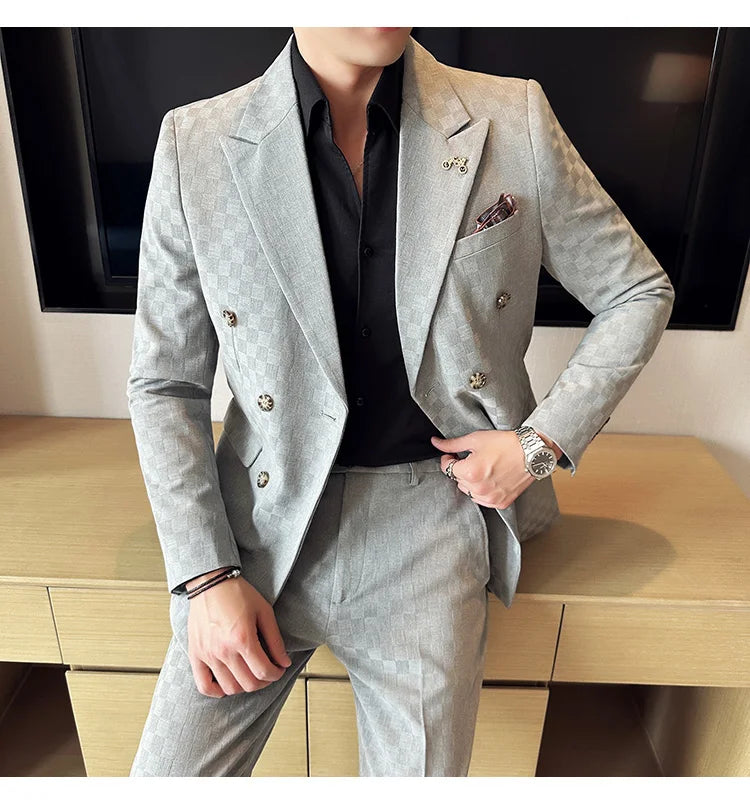 (Jacket+Pants) 2 Pieces Blue Apricot Business Party Men Suits Double Breasted Formal Style Custom Made Wedding Groom Tuxedos