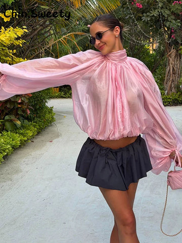 Fashion Ruffles Puff Sleeve Chiffon Shirts Women Solid See Through Stand Collar Lace Up Blouses  2026 Spring Lady Vacation Tops
