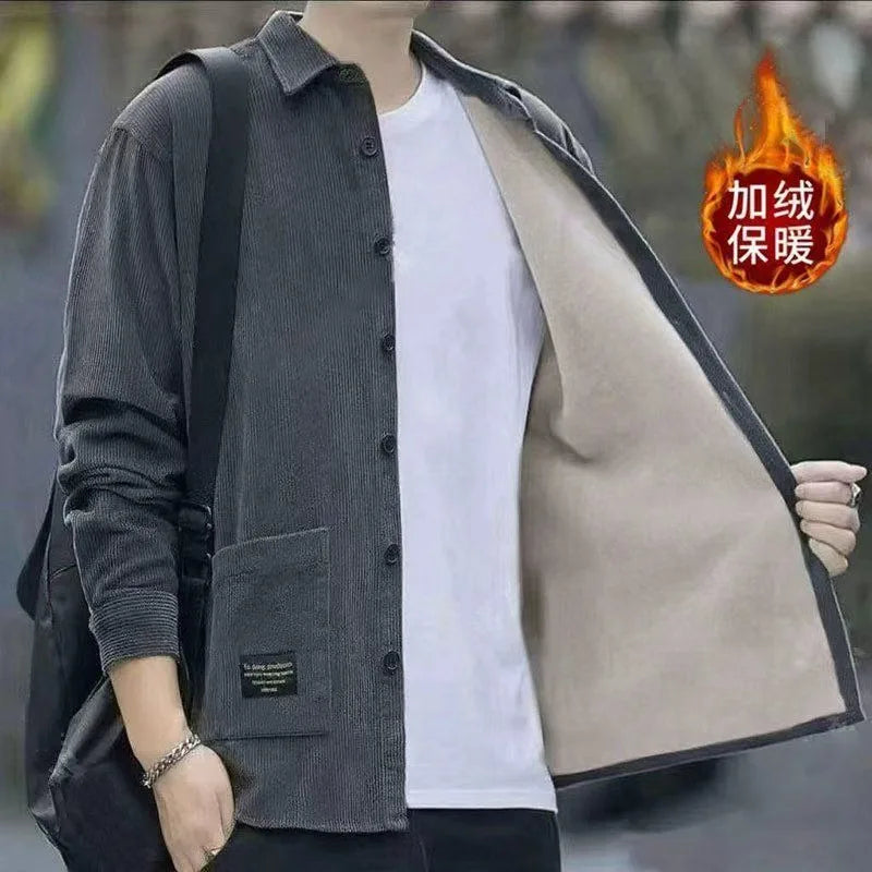 Men's Corduroy Textured Shirts Warm Daily Casual Long Sleeve Button Lapel Tops Thick Fleece Lining Thermal High Quality Coat
