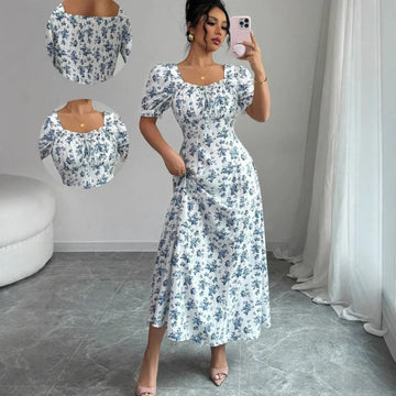 Women Dress Print Puff Sleeve Slim Fit Spliced Square Collar Long Dresses Ruffles Elegant Lady Vestidos A Line Casual 2025