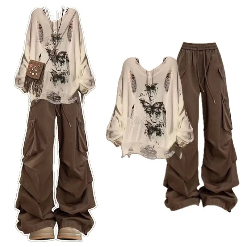 Casual Women's Set Spring and Autumn New Korean Style Butterfly Top+retro Slimming Work Pants Two-piece Set