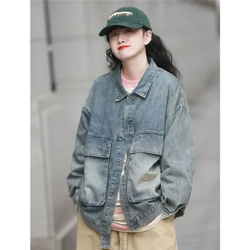 Vintage Denim Coat Women Autumn New Tooling Lapel Tops Casual Jeans Jacket Fashion Long Sleeve Loose Cowboy Outwear Female T895