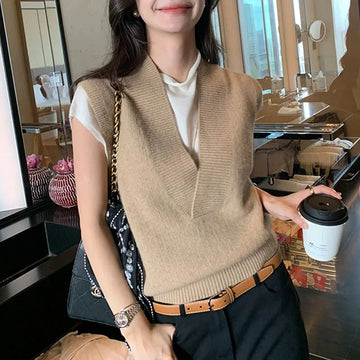 Knitted Women Sweater Vest New Sleeveless V-Neck Black Knit Sweater Vest Women Tops Outerwears Sweaters Sueters De Muje Q1384