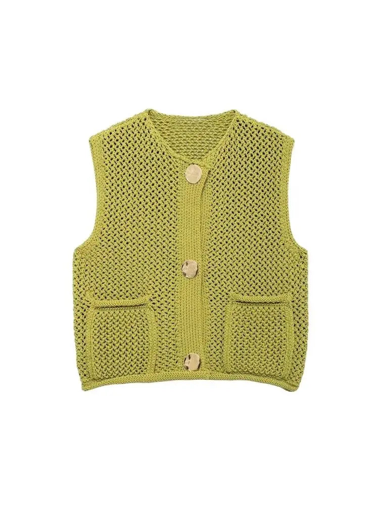 Women's Knitted Vest Sweater with Golden Buttons, O-Neck, Sleeveless, Patch Pockets, Female Outerwear, Chic Tops,Fashion