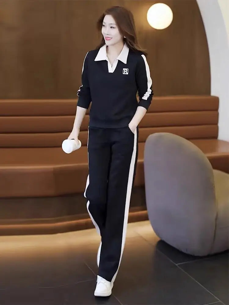 Casual and Fashionable Sports Suit Women's New Spring and Autumn Loose Temperament Age Reducing Wide Leg Pants Two-piece Set