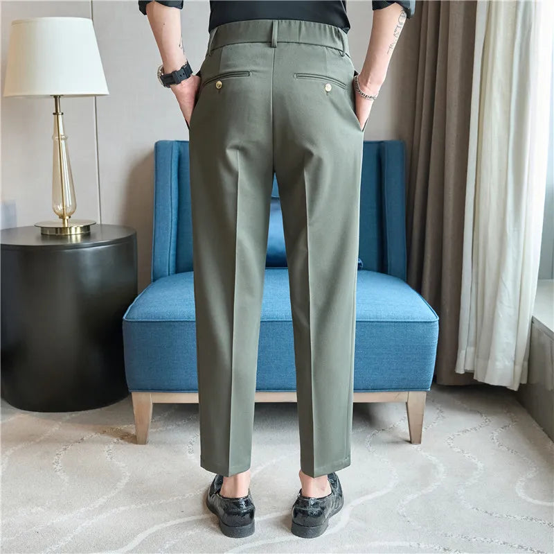 Men High Waist Dress Pants British Style 2024 Autumn Solid Color Casual Trousers Slim Fit Formal Suit Pants Fashion Men Clothing