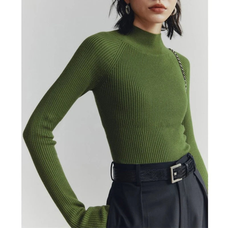 Autumn Winter Women Half High Collar Soft Warm Ribbed Knitted Sweater Female Solid Long Sleeve Slim Basic Pullover Tops Jumper