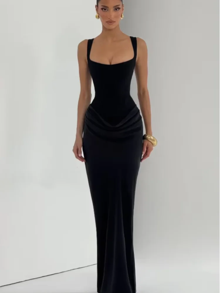Solid Pleated Sling Dress Women Square Neck Sleeveless Off-shoulder Waist Cinching Slim Dresses Lady Evening Party Gowns 2025