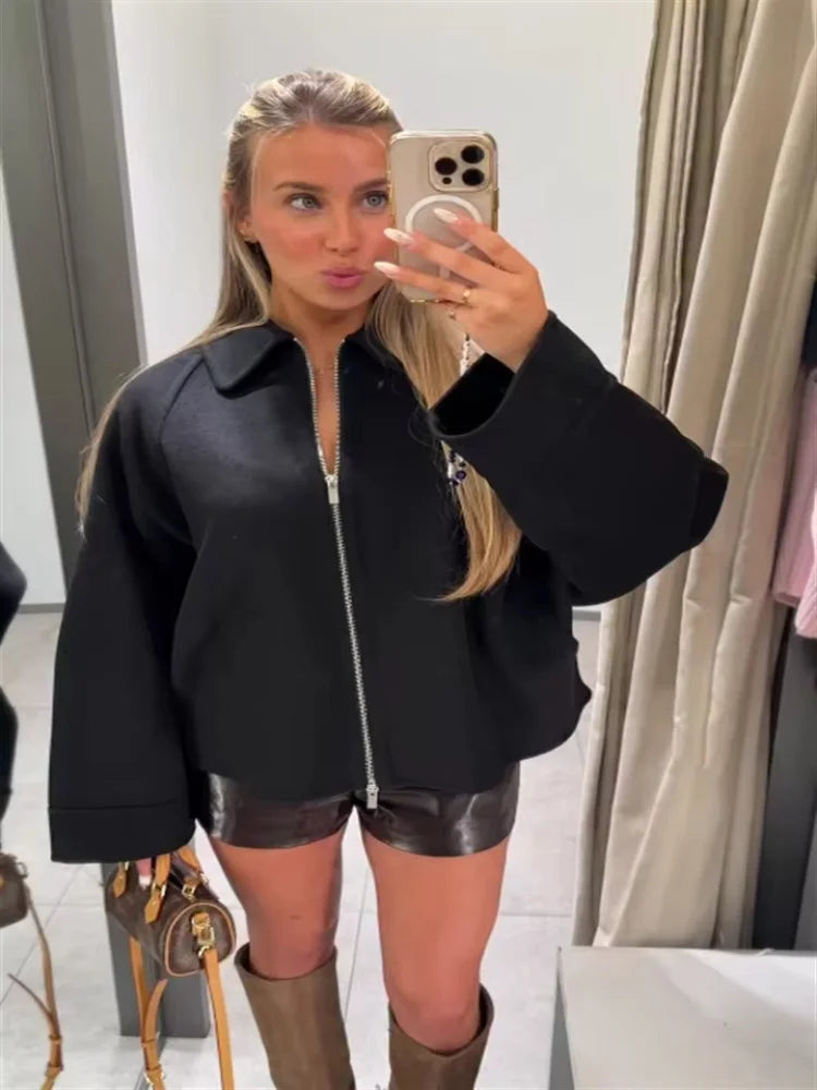 Tidalyf 2025 Women Wool Coat Turn Down Collar Long Sleeve Zipper Front Back Cape Detail Elegant Chic Autumn Winter Outerwear