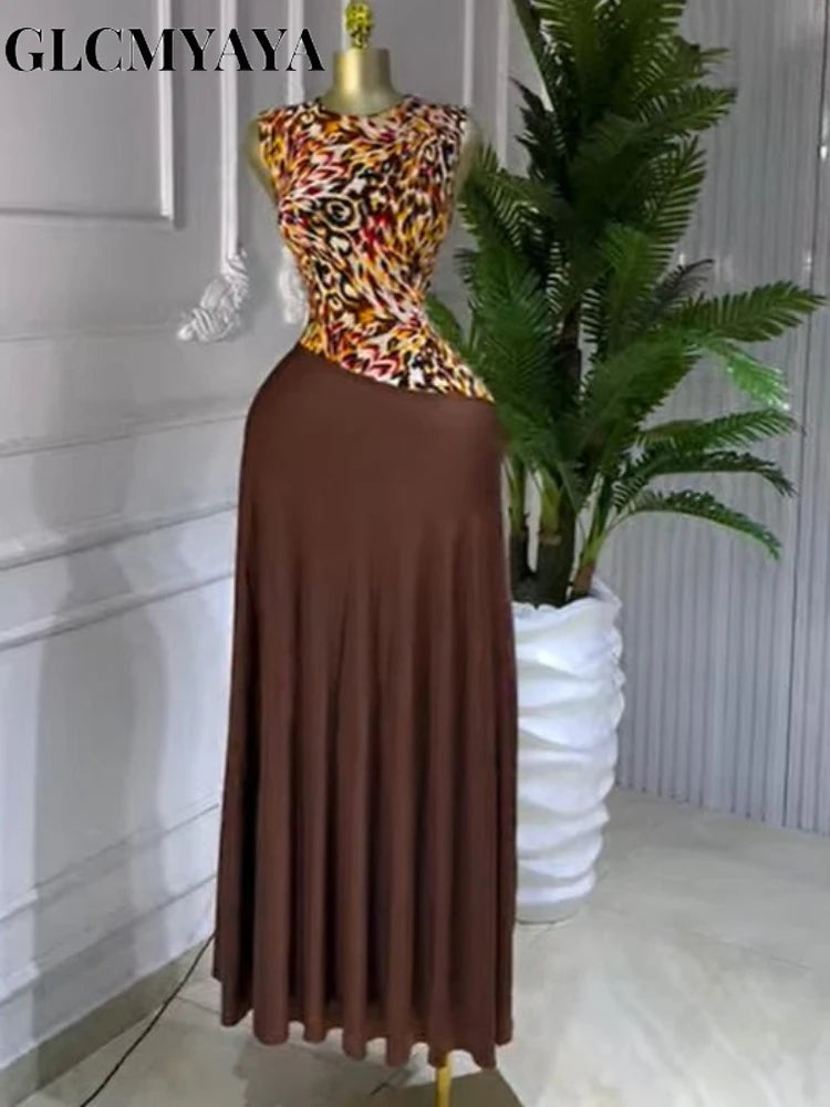 CM.YAYA Women Leopard Printed Patchwork Fit and Flare Long Maxi Dress 2025 Evening Party Education Vacation Dresses Vestidos