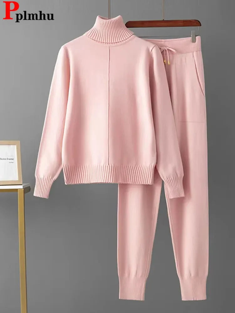 Women Turtleneck Knitwears Sweater Pullover Tops Conjuntos High Waist Casual Harem Pants Outfit Candy Color Knitted 2 Piece Sets