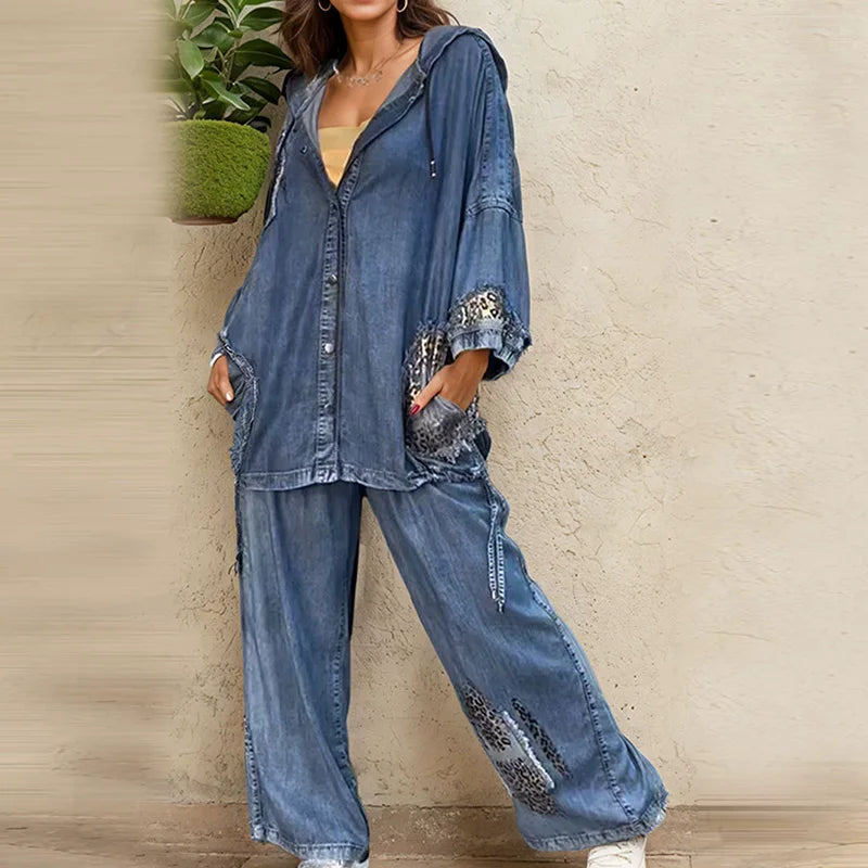 Long Sleeve Single-Breasted Chic Outfit, Women Holiday Hooded Cardigan Top 2PCS Sets, Spring Summer Wide Leg Pants Ladies Suits