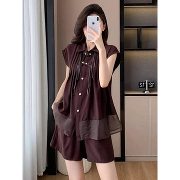 Loose Casual National Style Suit Summer Jacquard Retro Buttoned Shirt Shorts Two-piece Set