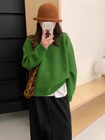2025 New Spring Fresh Green Knitted Pullover Sweater Women's Simple Round Neck Casual Base Sweater Versatile Commuting Top Tide