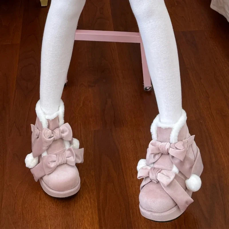 Thick-soled Snow Boots Women Winter Velvet Kawaii Pink Shoes Lolita Sweet Cute Bow Boot Women