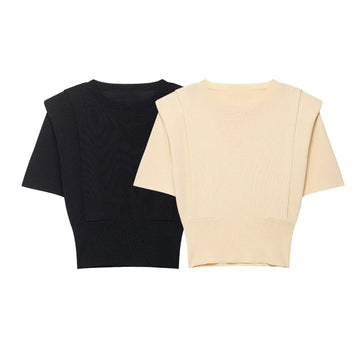 2025 autumn new women's casual padded shoulder round neck slim fit short knit sweater short-sleeved top