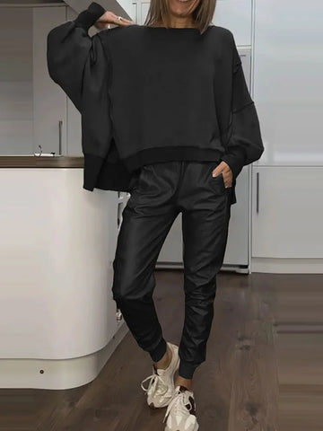 O Neck Pullover Top Fashion Outfit, Women Spring Summer High Waist Pants Chic Matching Sets, 2025 Patchwork Simple Ladies Suits