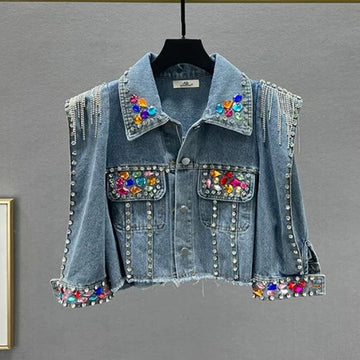Women Hot Drilling Fringed Colorful Diamonds Denim Coat Rhinestone Beaded Jeans Jacket Cardigan Single Breasted Long Sleeve Tops