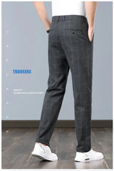 Summer Thin Plaid Formal Stretch Pants Men Slim Business Grey Black Casual Pant Fashion Male Clothing England Trousers