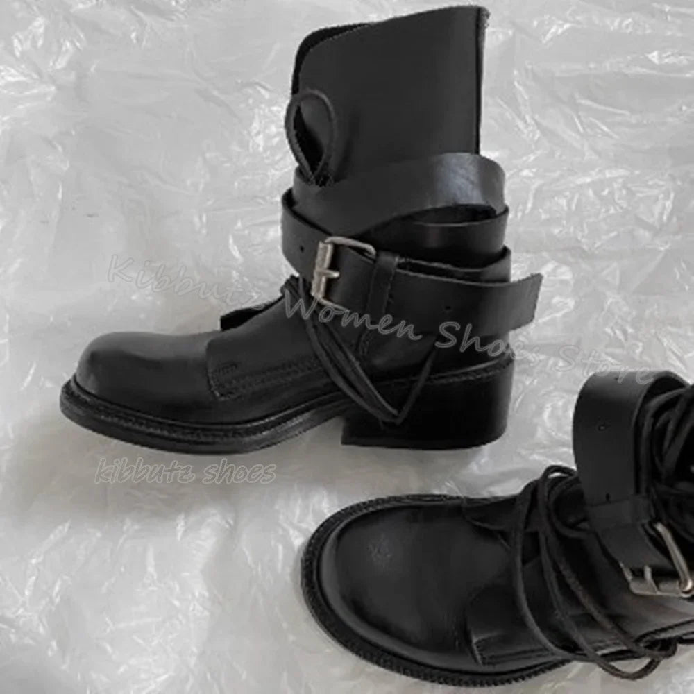 Belt Buckle Ankle Boots Luxury Leather Elegant Concise Fashion Luxury Solid Color Party Women Shoes New Round Toe Chunky Heels