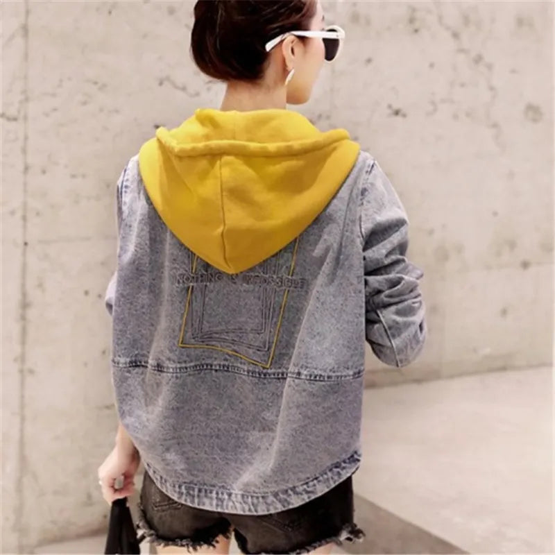 Hooded Zipper Denim Coat Women Spring Autumn New Fashion splicing Vintage Jeans Jacket Female Loose Short Cowboy Outerwear T422