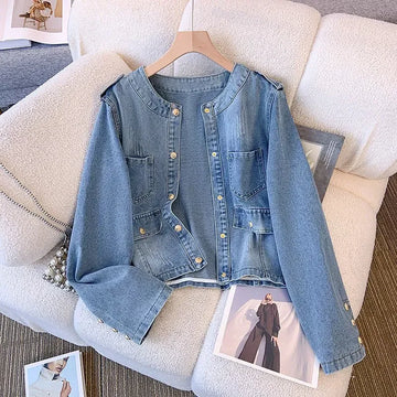 Spring Autumn Vintage Jeans Coat Woman New Fashion O-Neck Long Sleeves Short Denim Jacket Female Loose Outerwear Clothes T1377