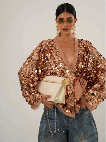 Five Colors Elegant White Sequ Patchwork Lace-up Shirt Blouse Women Long Sleeve V-neck Loose Short Coats Street Overshirt M4XW