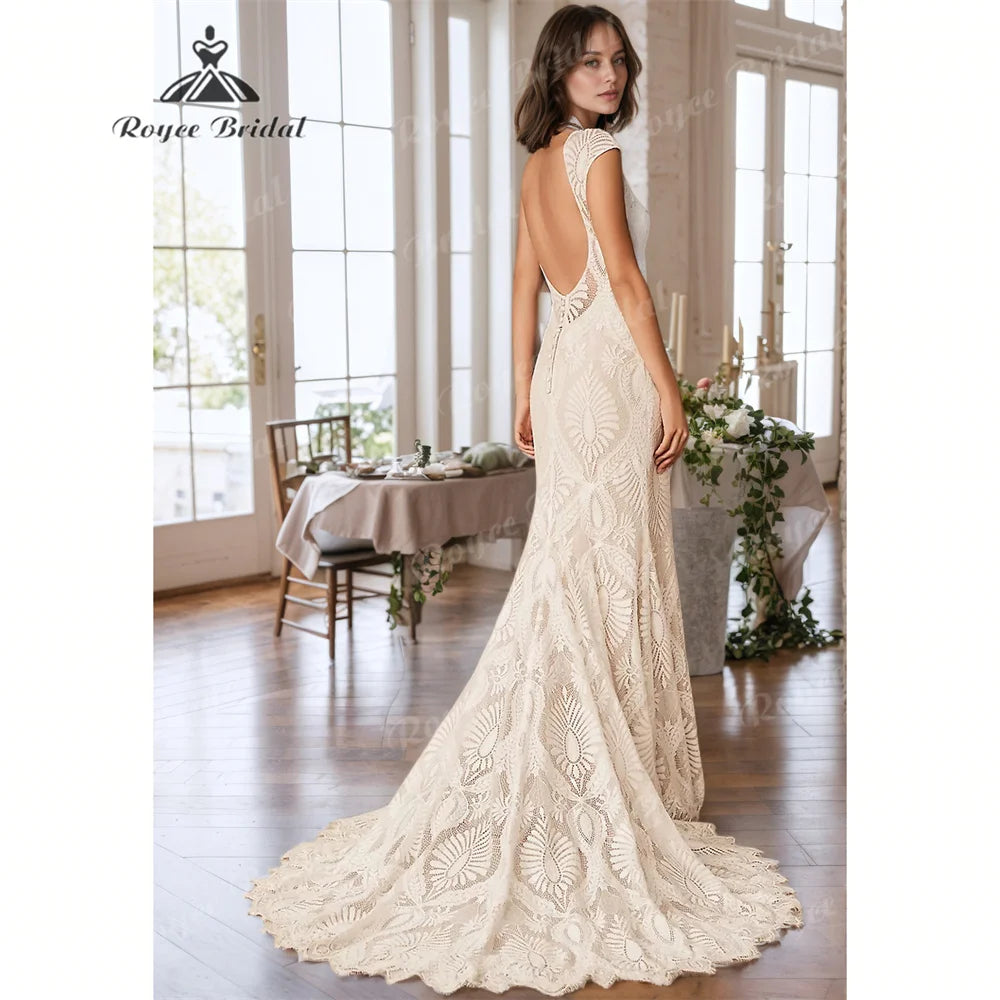 Vestido Bohemian Wedding Dress O Neck Lace Boho  Backless Beach Wedding Gown Vestido de novia Customized 2025 Вечірні сукні	плат