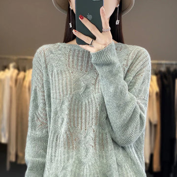 Women Spring Autumn 100% Merino Wool New Style Hollow-out Pullover Long Sleeve Sweater Fashionable Casual Unique and Light Knit