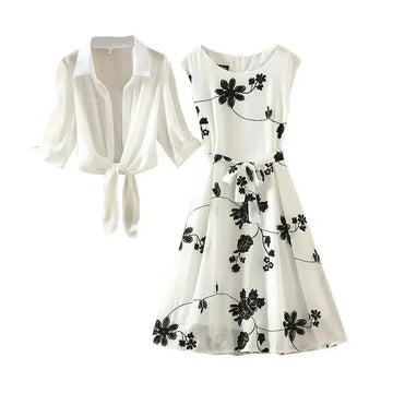 Two-piece Dress High Waist Summer Vintage Elegant Suit Sleeveless Slim A-line Skirt Floral Embroidery White Top Bow Belt Women