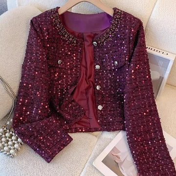 New Fashion Beading Tweed Jacket Women Winter Vintage O-Neck Single Breasted Sequins Coat Female Elegant Office Outerwear T1502