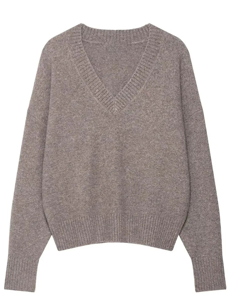 Zevity New Women Fashion V Neck Solid Color Soft Touch Knitting Sweater Female Chic Long Sleeve Simply Pullover Coat Tops SW9440