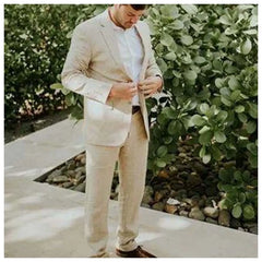 Luxury Gentlemen Men Suits Linen Beige Single Breasted Notch Lapel Blazer Slim Fit Skinny 2 Piece Jacket Pants Costume Homme