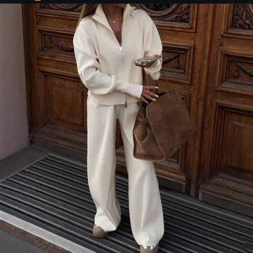 Women Two Piece Set Knit Cardigan Coat Pant Sets Zipper Full Sleeve Casual Wide Leg Pants High Waist Elegant Autumn Winter