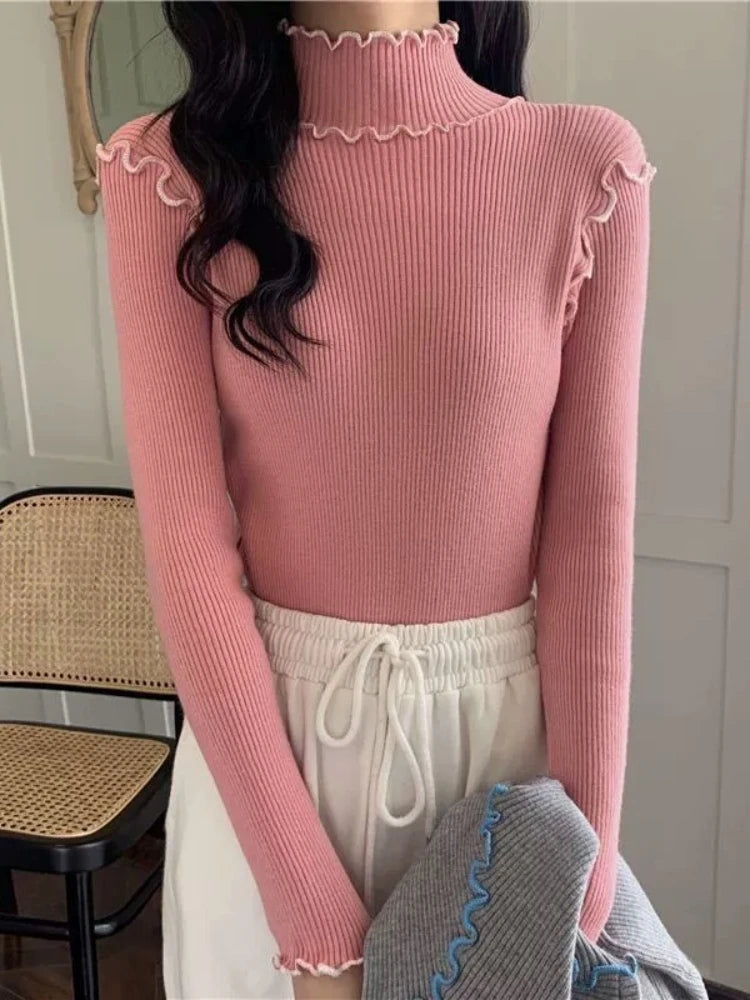 Korean Style Autumn Winter Solid Versatile Pullover Women Knitted Sweaters 2026 New Fashion Ruffle Turtleneck Tops Women Sweater