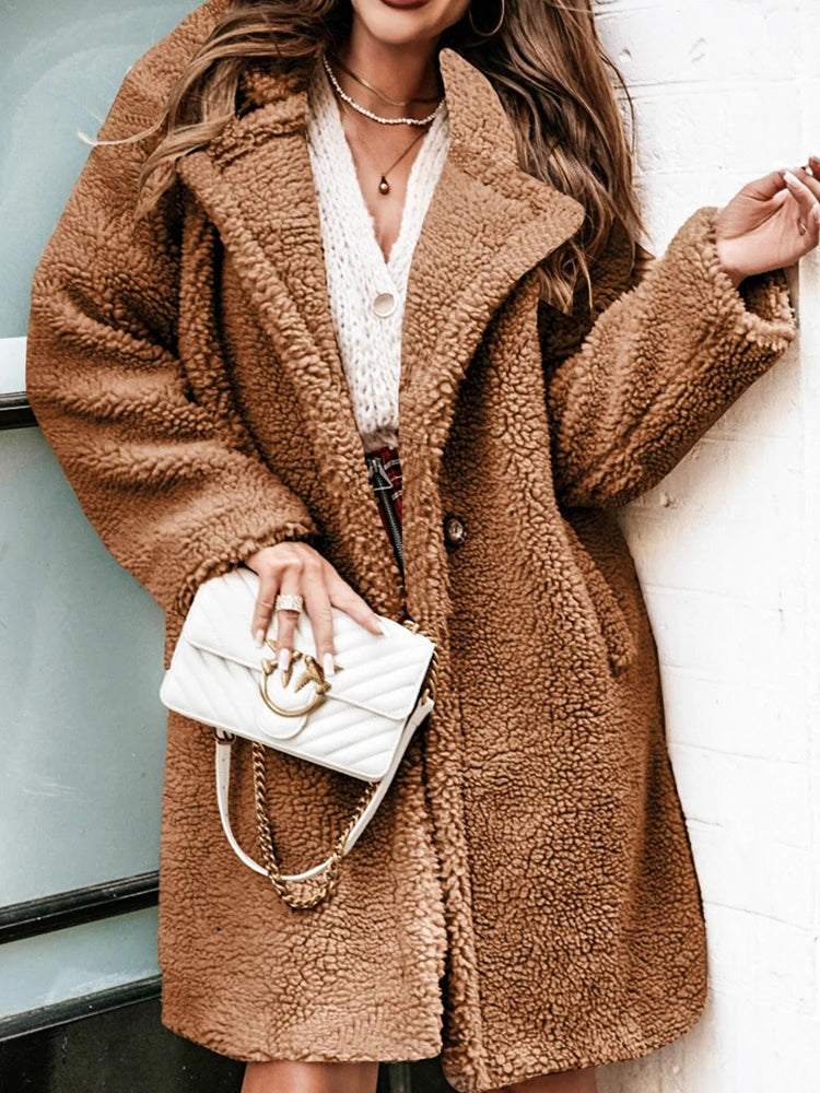 2025 Autumn/Winter Warm Coat Women's Fury Long Sleeve Collar Wome's Plush Top Women