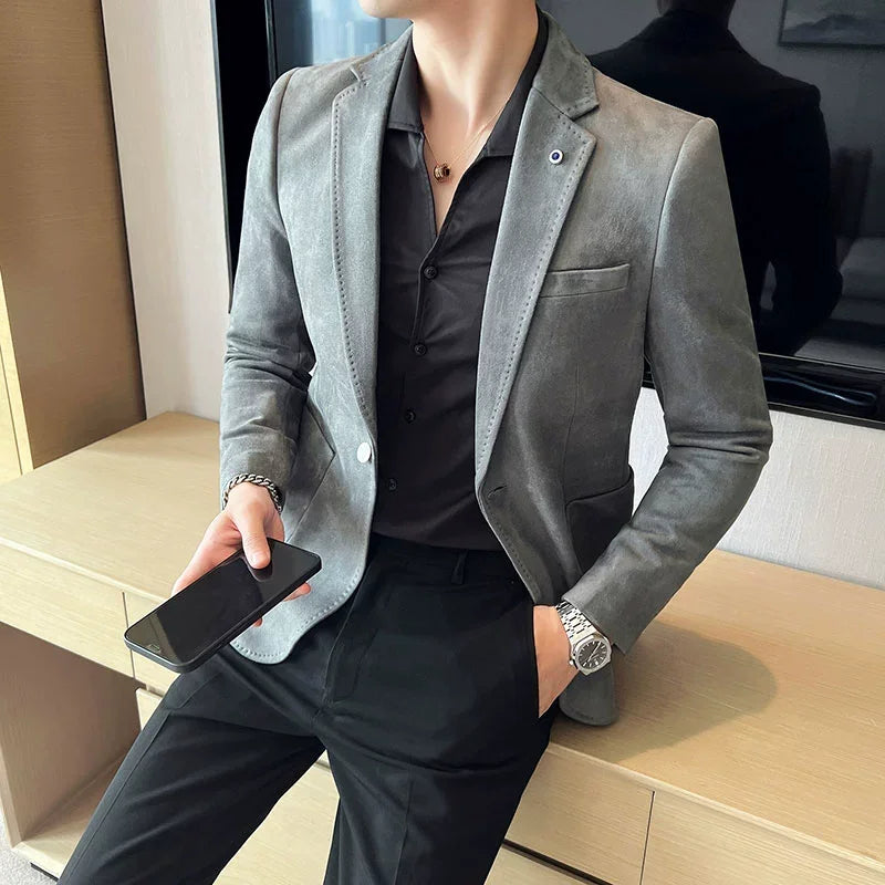 New Fashion Suit Coat Men's Slim Fit Deerskin Velvet Elegant Luxury Blazer Coat Business Casual Wedding Plus Size Suit 4XL-S