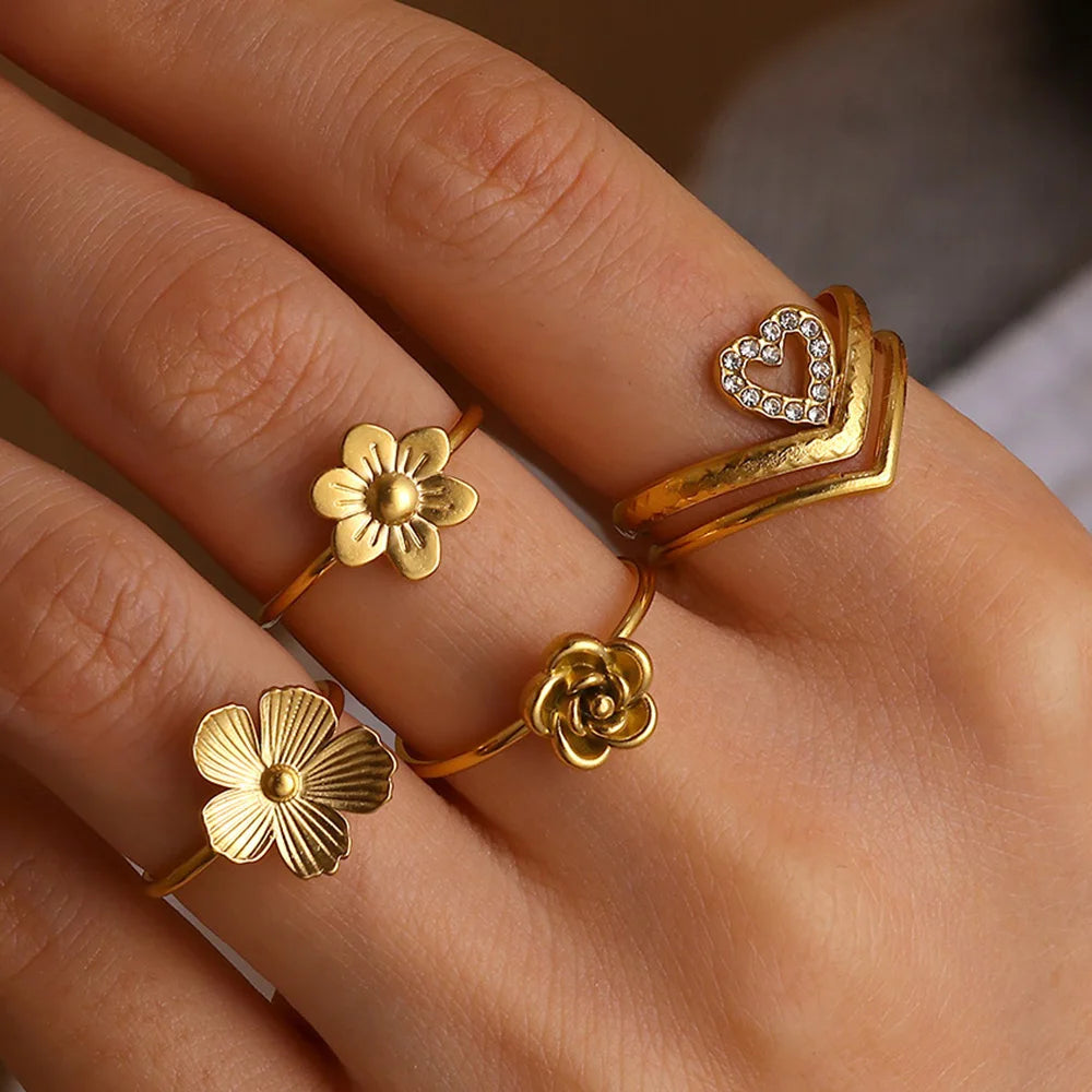 Proposal Anillos For Women Cute Rose Flower Blossoms Gold Color Ring Romantic Anniversary Stainless Steel Jewelry Wedding Gift