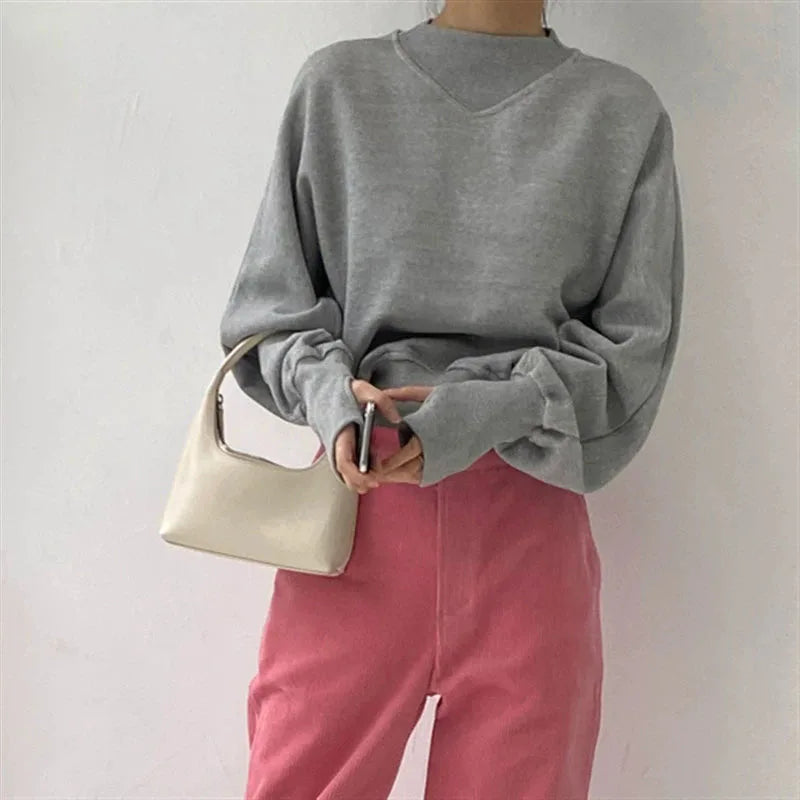 Fashion Waist Cinched Cropped Sweatshirts Women Autumn Harajuku Casual Oversized Pullover Lady Gray Long Sleeve Crewneck Hoodies