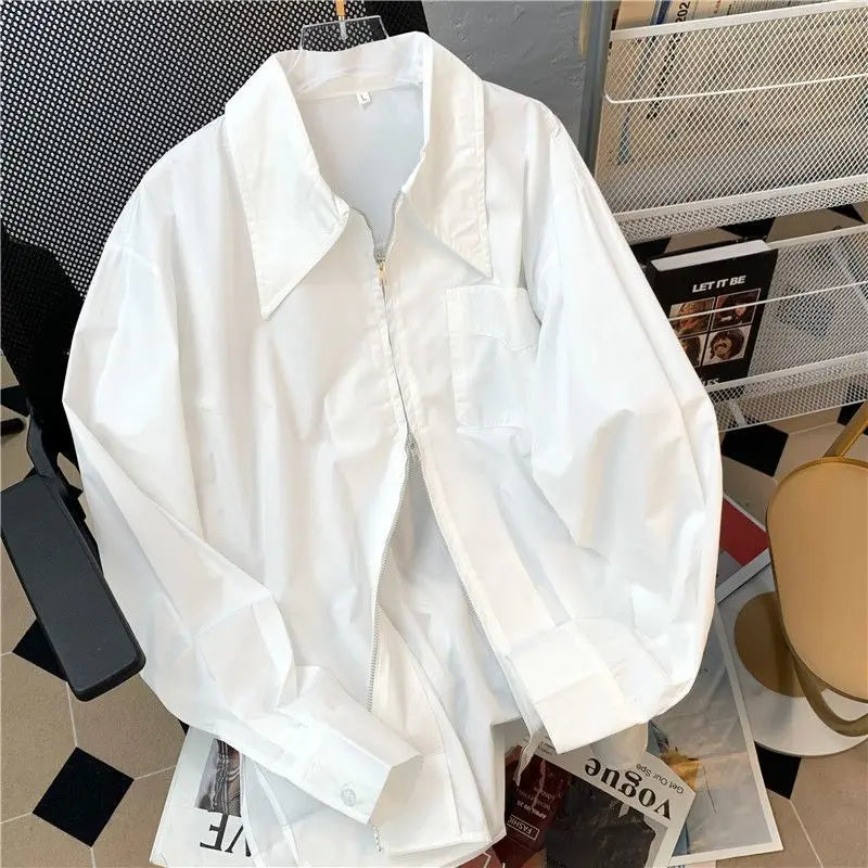 Women Clothing Turn-down Collar Solid Long Sleeve Shirts Spring Summer All-match Pockets Zipper Blouses Casual Loose Chic Tops