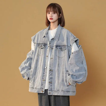 2025 New Spring Autumn Women Denim Coat Long Sleeve Fashion Loose Cowboy Outwear Detachable Sleeve Jeans Jacket Female Outwear