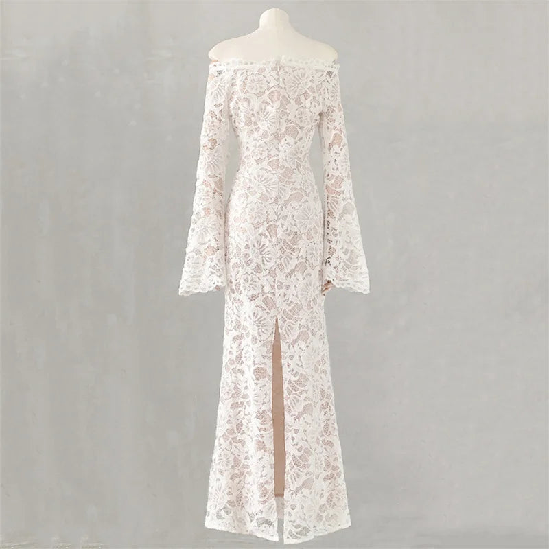 Women's dress New sexy off shoulder long dresses for spring 2026 Flared sleeve slim fit party dresses y2k Lace hip hugging dress