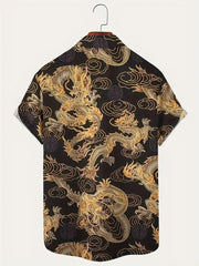 Men's Summer Fashion Dragon Print Short Sleeve Button Down Shirt S-3XL Plus Size Chinese Dragon Style Streetwear Overshirt Tops