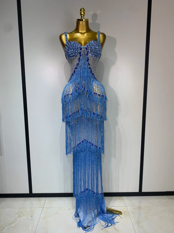 Sparkly Rhinestones Fringes Maxi Long Dress Women Sexy Transparent Elagant Evening Party Birthday Dress Photo Shoot Outfit