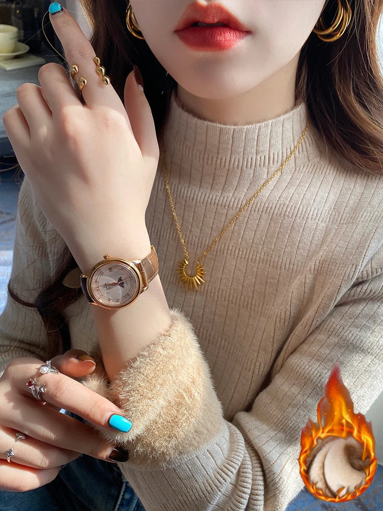 Turtleneck Winter Sweater Women Elegant Thicken Velvet Lined Warm Sueter Fleece Knitted Pullover Slim Top Jersey Knitwear Jumper