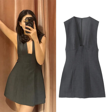 Women's Dress 2025 Autumn New Style Gray Sleeveless Deep V-Neck Mini Dress Sexy Fashionable and Elegant
