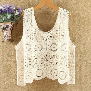 Summer New Women Hook Flower Knitted Vest Square Neck Lace Sleeveless Jacket Pullover Short Waistcoat Loose Ladies Tops T1092